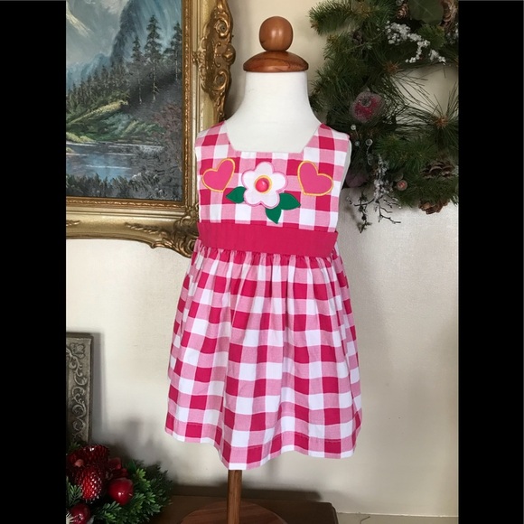 🩷 Pink Sleeveless Pinafore Gingham Flower Dress 2T - Picture 2 of 9
